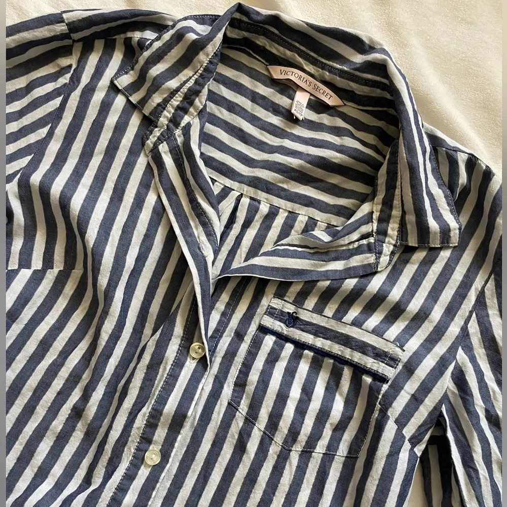 Victoria's Secret‎ Navy and White Sparkle Preppy Button Up Striped Pajama Dress